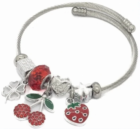 Pulsera de acero quirurgico simil pandora con dijes fantasia regulable frutas roja